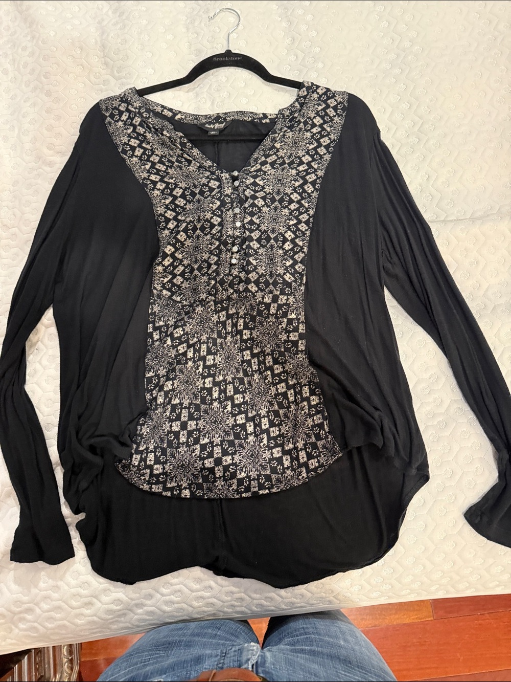 Lucky Brand Black Long-Sleeve Top with Printed Front Panel